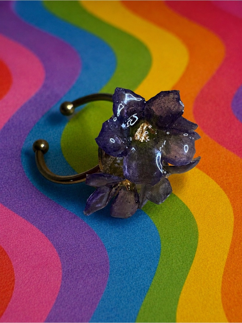 REAL Flaming Katy Blooms in Resin Gilded Bunch Ring